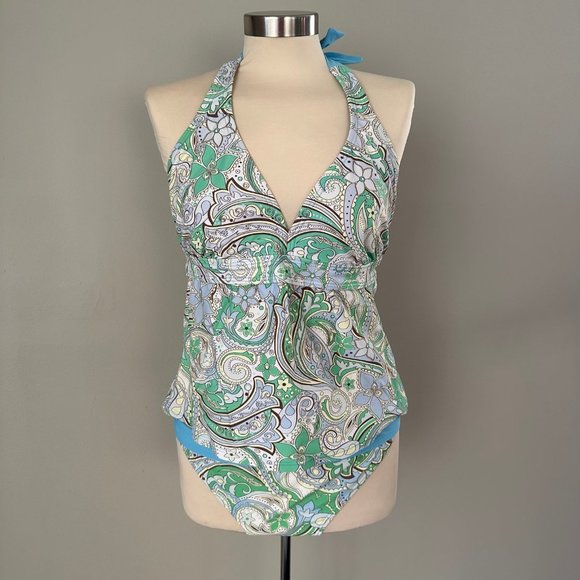 Athleta Tankini Swimsuit Sz 4 40C 38D 36DD/ Lg Green Floral Paisley Womens - Picture 1 of 7